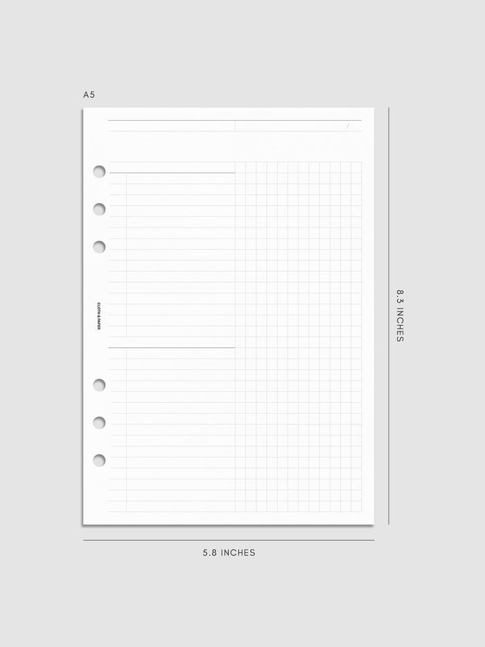 Daily Workflow Planner Inserts, A5 6-Ring Punch, right page showing large graph notes section
