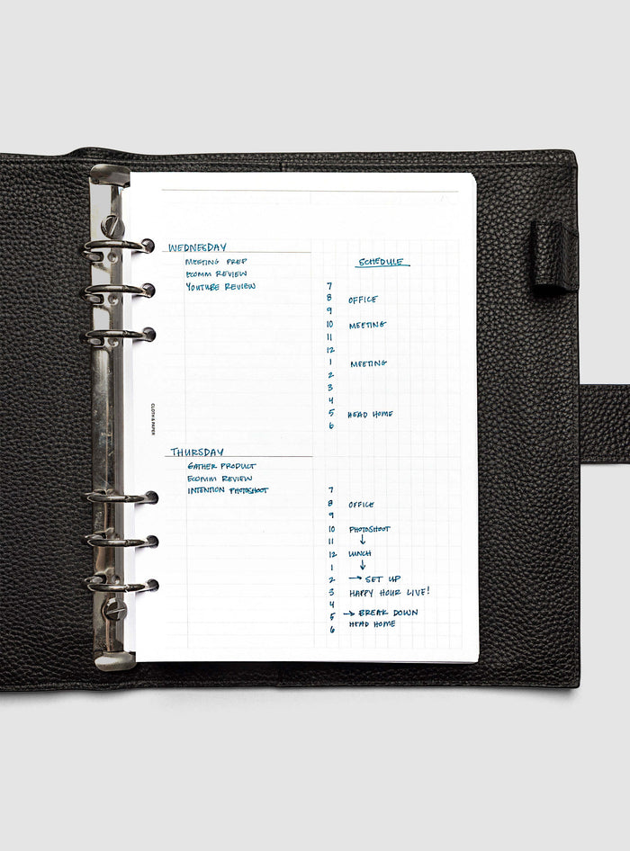 Daily Workflow Planner Inserts, A5 6-Ring Punch, right page with handwritten notes filling the large graph section shown inside a planner
