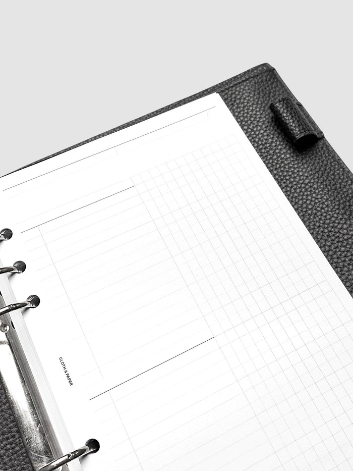 Daily Workflow Planner Inserts, A5 6-Ring Punch, close-up of the top of the blank right page showing the graph layout inside a planner