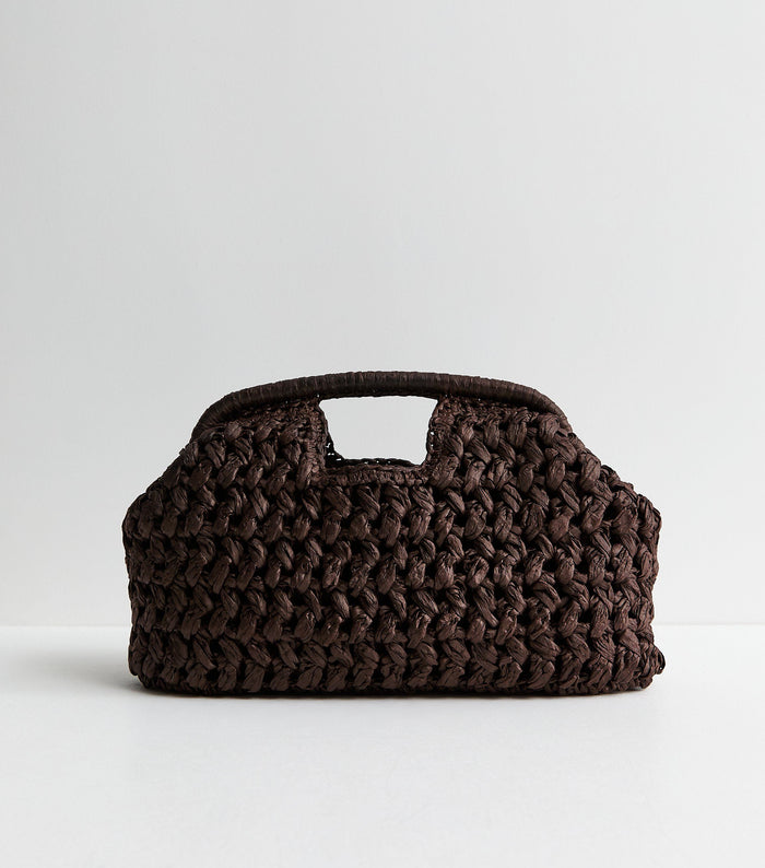 Dark brown woven raffia clutch handbag with slouchy design from Grace Beauty, stylish and perfect for casual or evening wear.