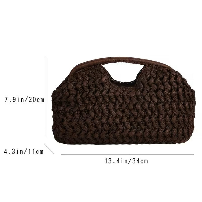 Dark brown woven slouch clutch handbag with raffia details by Grace Beauty, featuring a casual, textured design and spacious interior.