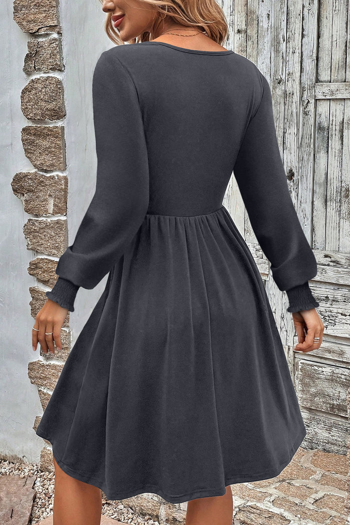 Dark Grey Shirred Cuff Long Sleeve Button Round Neck Mini Dress 🇺🇸
