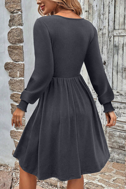 Dark Grey Shirred Cuff Long Sleeve Button Round Neck Mini Dress 🇺🇸