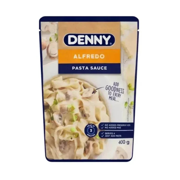 Denny Alfredo Pasta Sauce 400g bottle with creamy Parmesan and garlic flavor for pasta