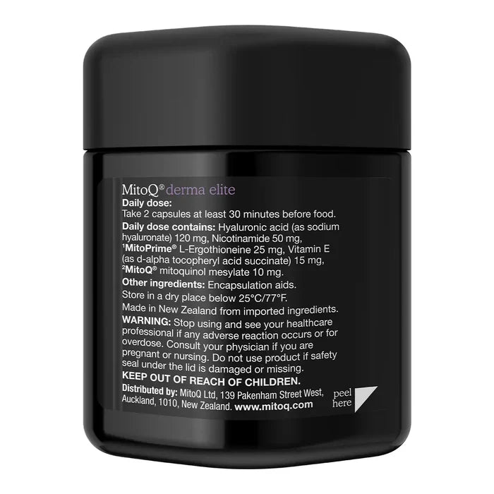 A black bottle of MitoQ Derma Elite capsules with white text detailing the daily dosage, ingredients, and safety instructions.