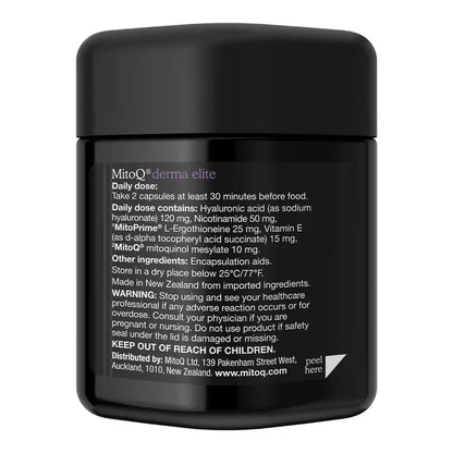 A black bottle of MitoQ Derma Elite capsules with white text detailing the daily dosage, ingredients, and safety instructions.
