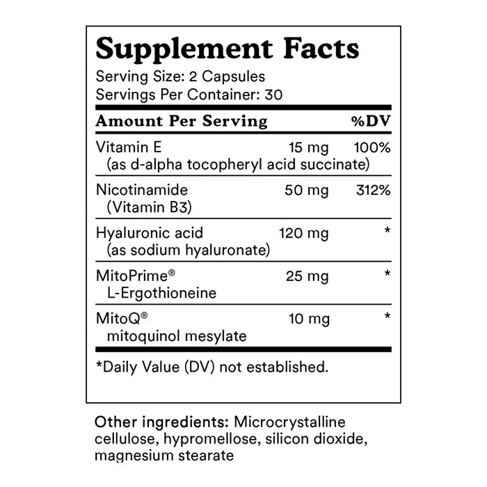A supplement facts label showing a white box with black text, listing ingredients.
