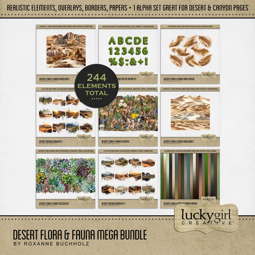 Explore nature and the outdoors with these beautiful digital scrapbooking desert embellishments, papers, masked photo overlays, and cactus alpha set by Lucky Girl Creative digital art. Great for desert, the Southwest, Mexico, California, Arizona, Texas, Colorado, New Mexico, Utah, Wyoming, and more! Embellishments include armadillo, big horn sheep, ram, dove, hawk, quail, vulture, buzzard, camel, cougar, mountain lion, wolf, and more.