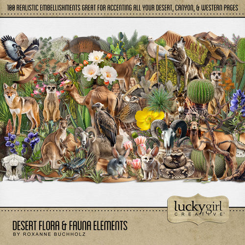 Explore nature and the outdoors with these beautiful digital scrapbooking desert embellishments by Lucky Girl Creative digital art. Great for desert, the Southwest, Mexico, California, Texas, Colorado, Arizona, New Mexico, Utah, Wyoming, and more! The Desert Flora & Fauna Elements is included in the Desert Flora & Fauna Mega Bundle. Embellishments include armadillo, big horn sheep, ram, dove, hawk, quail, vulture, buzzard, camel, cougar, mountain lion, and more.