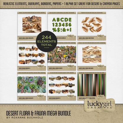 Explore nature and the outdoors with these beautiful digital scrapbooking desert embellishments, papers, masked photo overlays, and cactus alpha set by Lucky Girl Creative digital art. Great for desert, the Southwest, Mexico, California, Arizona, Texas, Colorado, New Mexico, Utah, Wyoming, and more! Embellishments include armadillo, big horn sheep, ram, dove, hawk, quail, vulture, buzzard, camel, cougar, mountain lion, wolf, and more.