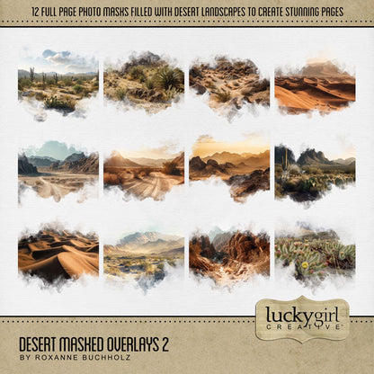 Explore nature and the outdoors with these beautiful digital scrapbooking masked overlays by Lucky Girl Creative digital art. With transparent edges, these masked photographs blend seamlessly into any background paper and make the perfect backdrop for desert, the Southwest, Mexico, Utah, Colorado, Wyoming, California, Texas, and more! The Desert Masked Overlays 2 is included in the Desert Flora & Fauna Mega Bundle.