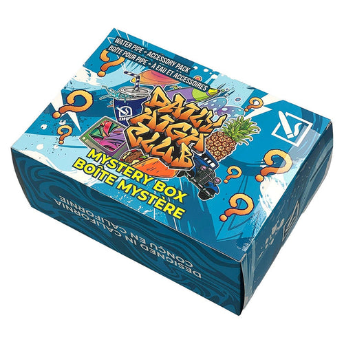 Angled top-down view of a bright blue DHC - Mystery Box - Lost In Space with colorful graffiti, pineapple and question-mark graphics on the lid.