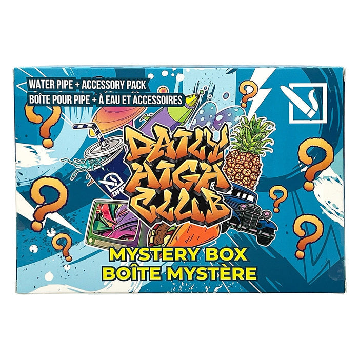 Front-facing colorful box artwork for DHC - Mystery Box - Lost In Space featuring bold graffiti, a pineapple, vintage car and scattered question marks.