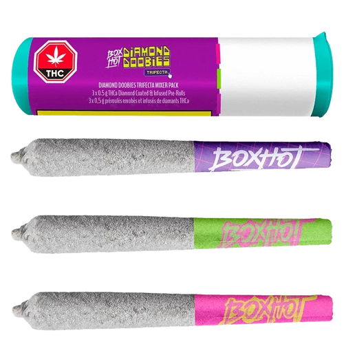Tube and three gray, diamond-coated joints laid horizontally, shown with the Diamond Doobies Trifecta Mixer Pack Infused PR 3 x 0.5 g branding.