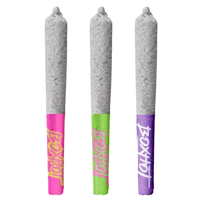 Three upright Diamond Doobies Trifecta Mixer Pack Infused PR 3 x 0.5 g pre-rolls with colorful pink, green, and purple branded tips against a white background.