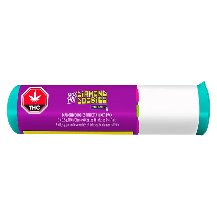 Cylindrical, side-on view of the Diamond Doobies Trifecta Mixer Pack Infused PR 3 x 0.5 g with a purple label, teal end caps, and a THC stop-sign icon.