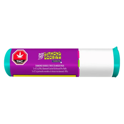 Cylindrical, side-on view of the Diamond Doobies Trifecta Mixer Pack Infused PR 3 x 0.5 g with a purple label, teal end caps, and a THC stop-sign icon.