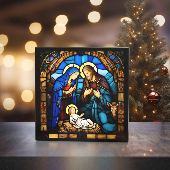Divine Nativity Scene - Stained Glass Style Art Tile for Spiritual Home Decor