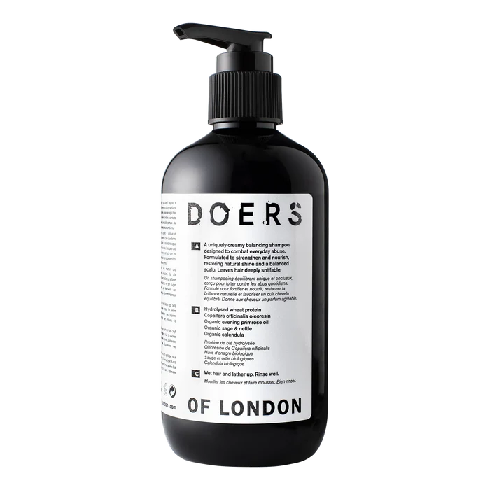 Doers of London balanserende sjampo med ingrediensliste og merkelapp