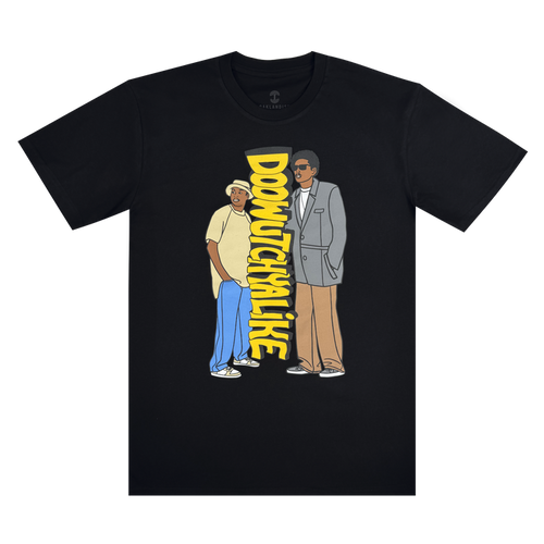 The Doowutchyalike Tee by Other is a black t-shirt featuring cartoon illustrations of two men side by side—one dressed casually with sunglasses, the other in a gray suit—with bold yellow “DOOWUTCHYALIKE” text displayed between them. Inspired by classic Oaklandish apparel and 90s hip hop culture, this Digital Underground-themed shirt makes a vibrant statement against a plain white background.