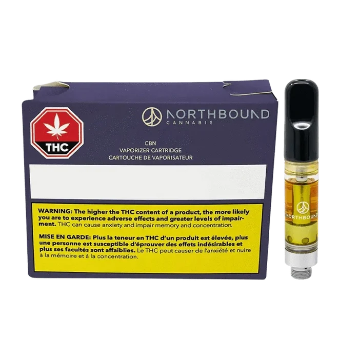 Front view of the Dosidos x Purple Punch CBN Vape Cartridge against a black background, highlighting its metallic and label details.