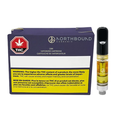 Front view of the Dosidos x Purple Punch CBN Vape Cartridge against a black background, highlighting its metallic and label details.