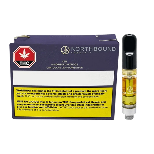 Front view of the Dosidos x Purple Punch CBN Vape Cartridge against a black background, highlighting its metallic and label details.