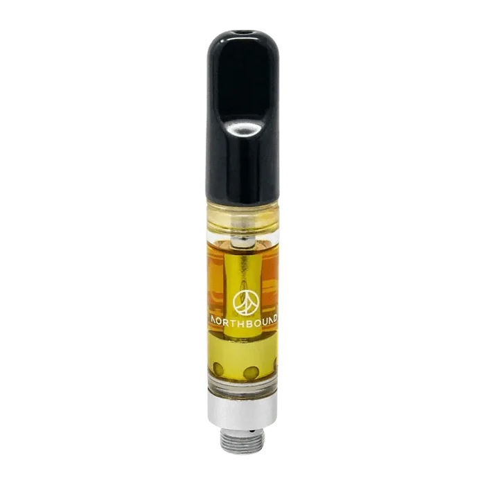 Close-up, angled view of the Dosidos x Purple Punch CBN Vape Cartridge, featuring a transparent tank with visible liquid against a plain white background.