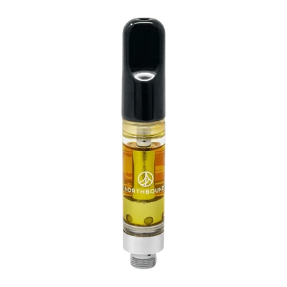 Close-up, angled view of the Dosidos x Purple Punch CBN Vape Cartridge, featuring a transparent tank with visible liquid against a plain white background.