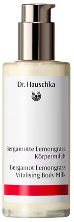 Dr. Hauschka Bergamotte Lemongrass Vitalising Body Milk in 145ml bottle, moisturizing lotion with citrus and herbal ingredients.