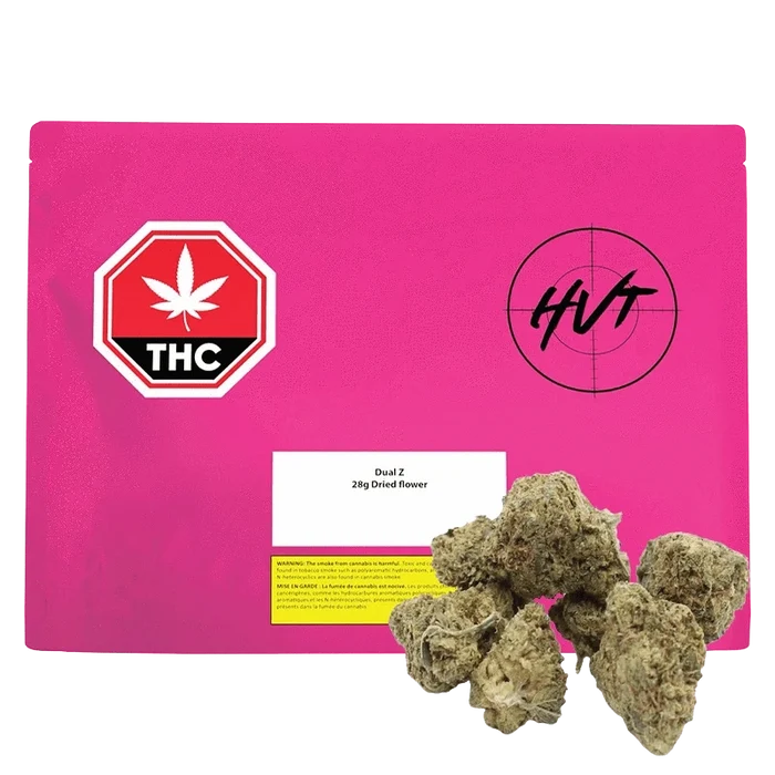 Front-facing shot of a bright pink pouch labeled Dual Z with a THC octagon graphic and several cannabis buds arranged at the lower right.