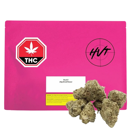 Front-facing shot of a bright pink pouch labeled Dual Z with a THC octagon graphic and several cannabis buds arranged at the lower right.
