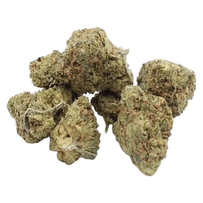 Close-up top view of several greenish-brown nugs labeled Dual Z, showing dense, frosty trichomes and orange hairs against a white background