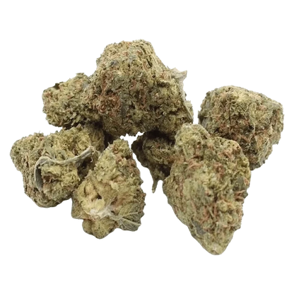 Close-up top view of several greenish-brown nugs labeled Dual Z, showing dense, frosty trichomes and orange hairs against a white background