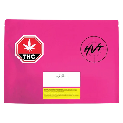 Flat front view of the bright pink Dual Z pouch with a white label, THC stop-sign icon at left and target logo at right