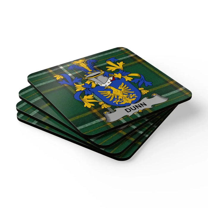 Dunn family crest coasters on the Irish National Tartan
