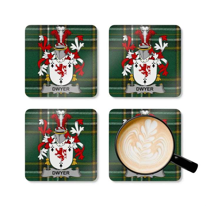 Personalized Dwyer Family Crest Plaid Coasters