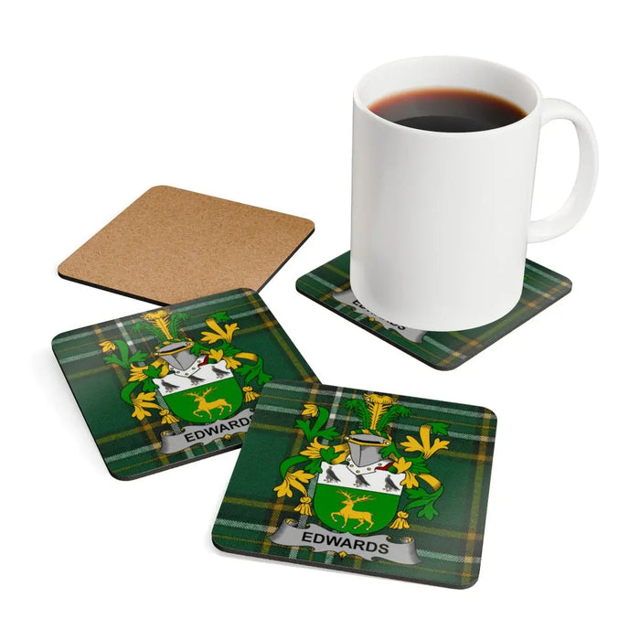 Edwards Family Crest on Green Plaid Coaster