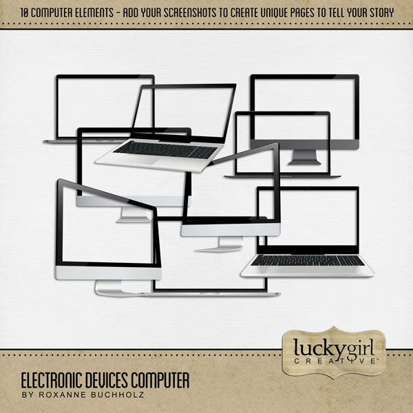 Create unique digital scrapbooking pages with these computer screens and monitors by Lucky Girl Creative digital art. Simply add your screenshot behind the embellishment and use over and over again! This kit is included in the Electronic Devices Bundle.