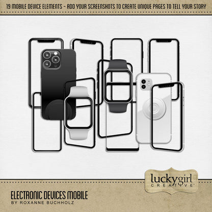 Create unique digital scrapbooking pages with these mobile device and phone cases by Lucky Girl Creative digital art. Simply add your screenshot behind the embellishment and use over and over again! Kit also includes mobile watches, pop socket, and phone stand. This kit is included in the Electronic Devices Bundle.
