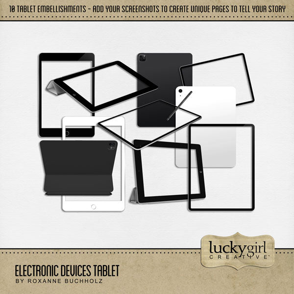 Create unique digital scrapbooking pages with these mobile device tablet screens and cases by Lucky Girl Creative digital art. Simply add your screenshot behind the embellishment and use over and over again! Kit also includes 1 digital Stylus pen embellishment. Great for school and work pages as well as reading electronic books and game apps. This kit is included in the Electronic Devices Bundle.