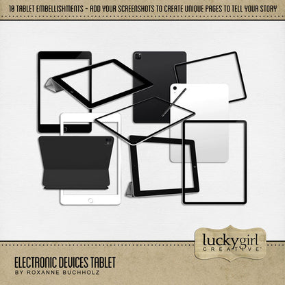 Create unique digital scrapbooking pages with these mobile device tablet screens and cases by Lucky Girl Creative digital art. Simply add your screenshot behind the embellishment and use over and over again! Kit also includes 1 digital Stylus pen embellishment. Great for school and work pages as well as reading electronic books and game apps. This kit is included in the Electronic Devices Bundle.