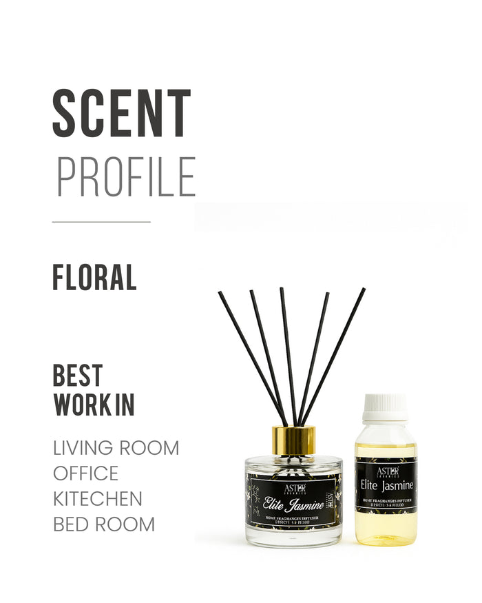 Elite Jasmine Reed Diffuser Set with glass bottle, reeds, and jasmine fragrance oil.
