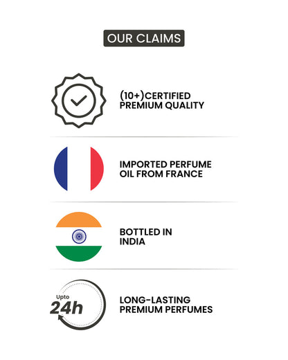 List of product claims including certified premium quality, imported perfume oil from France, bottled in India, and long-lasting perfumes on a white background.