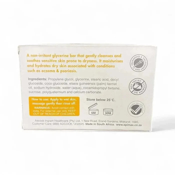 Epimax Hypoallergenic Soap Bar package with product details and usage instructions.