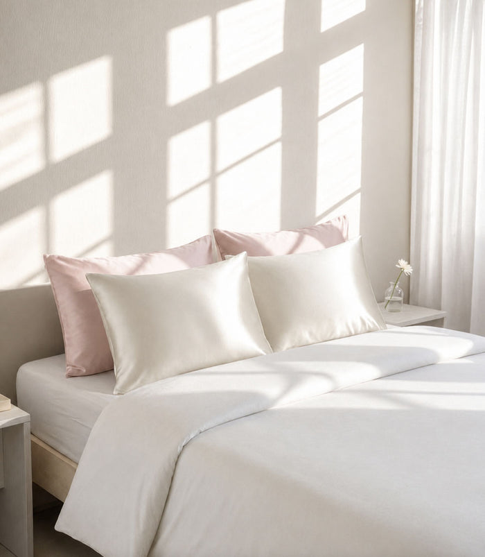 100% mulberry silk Essential PIllowslip with hidden zip closure pictured here in Dusky Pink and Natural White