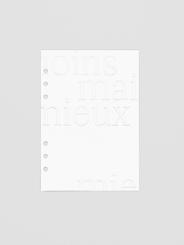 Essentialism Dashboard Duo reading "moins mai mieux" in size A5; cardstock layer only.