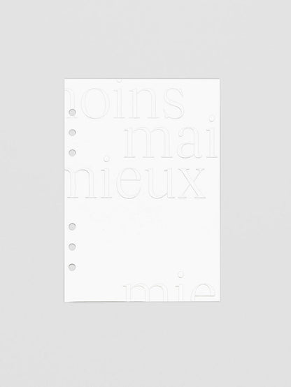 Essentialism Dashboard Duo reading "moins mai mieux" in size A5; cardstock layer only.