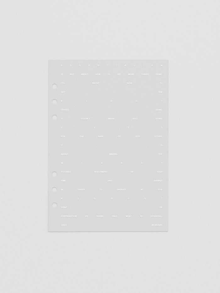 Essentialism Dashboard Duo reading "moins mai mieux" in size A5; transparent layer only.