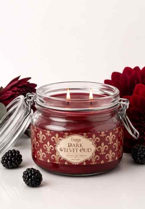Eternia Dark Velvet Oud jar candle in clear glass with burgundy wax and metal handles